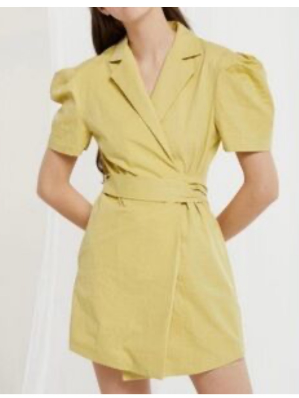 storets Yellow Puff-Sleeve Wrap Mini Dress